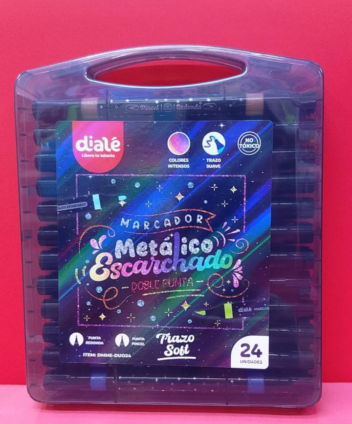 SET DE 24 MARCADORES METÁLICOS ESCARCHADOS DOBLE PUNTA